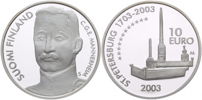 Финляндия 10 евро 2003 S-M, Карл Маннергейм, 300 лет основания Санкт-Петербурга, Петропавловская крепость KM 112 серебро PROOF 05-091-13