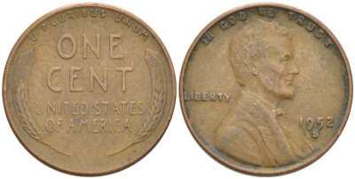 США 1 ЦЕНТ 1952 S, ЛИНКОЛЬН KM А132 медь цинк 218-569