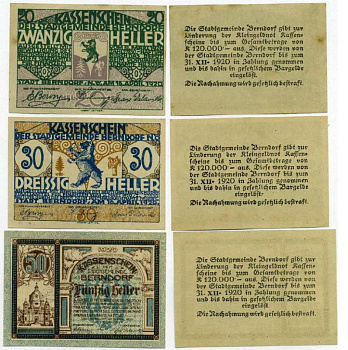 Австрия, Берндорф набор из 3 банкнот 20, 30, 50 геллеров 1920 16 апреля 1920, нотгельд, земля Нижняя Австрия   бумага  UNC (пресс) 00-000