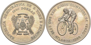 Сан-Томе и Принсипи 1000 добра 1996 XXVI Олимпийские игры 1996 года в Атланте, велоспорт KM 57 медно-никель PROOF 00-00