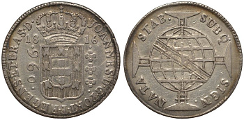 Бразилия 960 рейс 1816 B, монетный двор Бахия (Bahia), перечекан, патина, Жоао принц-регент (1799-1818) KM 307.1 серебро 00-817-66