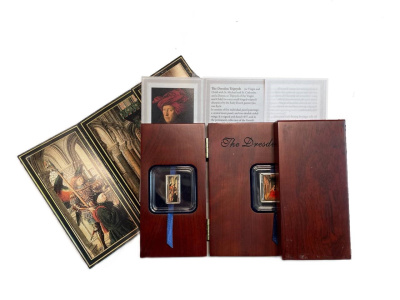 Токелау красочный набор из 3 монет (1+1+2 доллара) 2014 Дрезденский триптих, эмаль, в оригинальной коробке, сертификат  серебро  PROOF  3-4-11-10