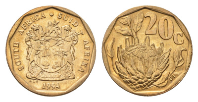 ЮАР 20 центов 1994 герб, цветок протея KM 136 сталь плакированная бронзой UNC 4694-836