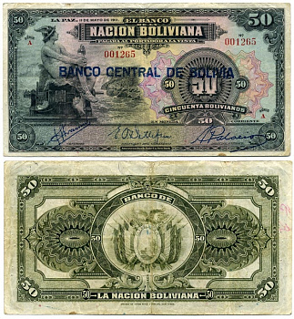 Боливия 50 боливиано 1911 (1929) меркурий, надпечатка на Pick 110 Pick 116 бумага 000-00-00