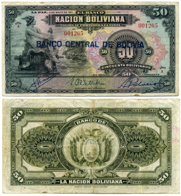 Боливия 50 боливиано 1911 (1929) меркурий, надпечатка на Pick 110 Pick 116 бумага 000-00-00