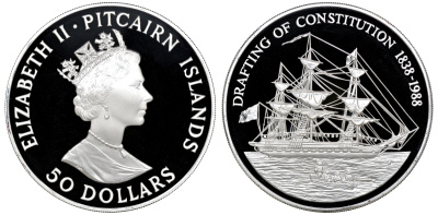 Остров Питкерн 50 долларов 1988 150 лет Конституции (1838-1988), парусник и лодка, вес 155,6 г., тираж 10000 экз. KM 1 серебро PROOF 2-5-2-5