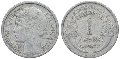 ФРАНЦИЯ 1 ФРАНК 1947 KM 885а.1 алюминий 71-1125