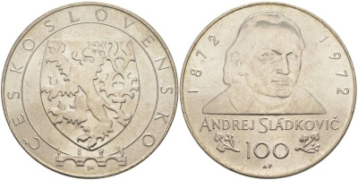 Чехословакия 100 крон 1990 100 лет со дня смерти Андрея Сладковича (1872-1972), пробная / проба серебро UNC 00-822-34