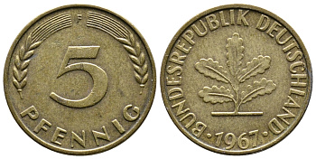 ФРГ 5 ПФЕННИГОВ 1967 F KM 107, J.382 сталь плакированная латунью 26-1138