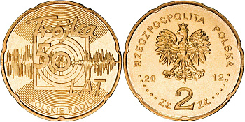 Польша 2 злотых 2012 MW, 50 лет радио "тройка" KM 816 нордик UNC 4513-715