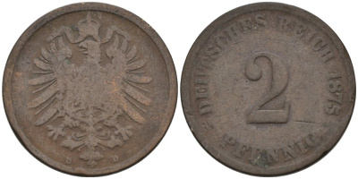 Германия 2 пфеннига 1875 D, старогербовка KM 2, J. 2 медь 4575-644
