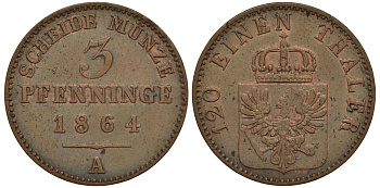 Пруссия 3 пфеннига 1864 А, Вильгельм I (1861-1888) Olding 424, AKS 106, Jaeger 52 медь 413-5332