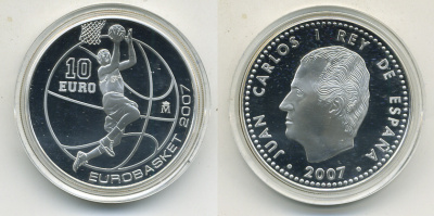 Испания 10 евро 2007 ЧЕМПИОНАТ ЕВРОПЫ ПО БАСКЕТБОЛУ, В ОРИГИНАЛЬНОЙ КОРОБКЕ С СЕРТИФИКАТОМ KM 1134 серебро PROOF 5-2-28