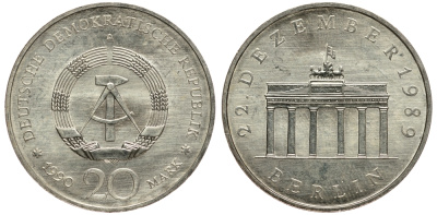 ГДР 20 марок 1990 A, открытие Бранденбургских ворот KM 139a серебро 413-2712