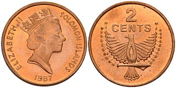Соломоновы Острова 2 цента 1987 Елизавета II (1953-) KM 25 сталь плакированная бронзой aUNC 4561-1133