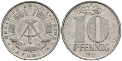 ГДР 10 пфеннигов 1965 A KM 10 алюминий 27-146