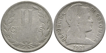 КОЛУМБИЯ 2 СЕНТАВО 1921 KM 198 медно-никель 4532-212