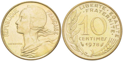 ФРАНЦИЯ 10 САНТИМОВ 1978 ТИП MARIANNE KM 929, LE FRANC 144.18 алюминиевая бронза 217-227