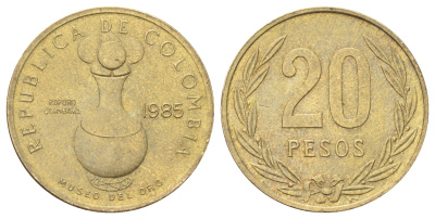 Колумбия 20 песо 1985 редкий год KM 271 алюминиевая бронза aUNC 4128-1113