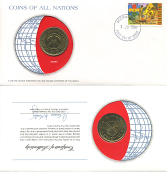Гана 50 песева 1979 FAO, конверт с маркой первого дня гашения, Coins of Nations KM 18 латунь UNC 4294-54-1