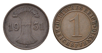 Германия 1 рейхспфенниг 1931 E KM 37, J. 313, Weege 2 бронза 4684-219