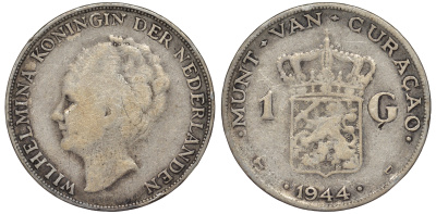 Нидерландское Кюрасао 1 гульден 1944 D, Вильгельмина (1890-1948) KM 45 серебро 36-736
