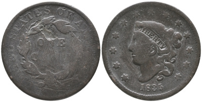 США 1 цент 1835 ROBERT SCOT, CORONET, LARGE CENTS, диаметр 28 мм. медь 272-1225