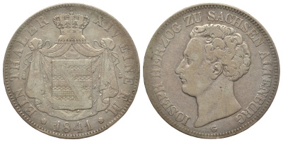 Саксен-Альтенбург 1 талер 1841 G, герцог Иосиф (1834-1848) KM 9, AKS 49, J. 107, Thun 354, Kahnt 480 серебро 00-822-23