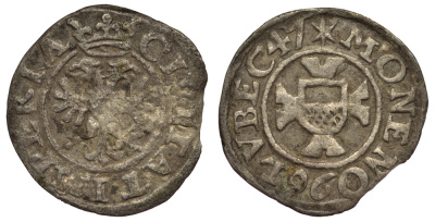 Любек зехлинг (6 пфеннигов) 1647 Behrens 449 серебро 1519-1534