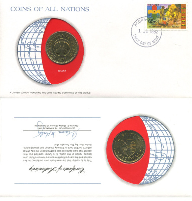 Гана 50 песева 1979 FAO, конверт с маркой первого дня гашения, Coins of Nations KM 18 латунь UNC 4294-54-1