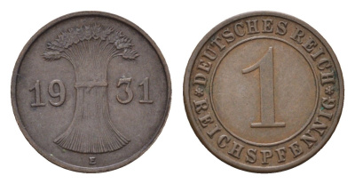 Германия 1 рейхспфенниг 1931 E KM 37, J. 313, Weege 2 бронза 4684-219