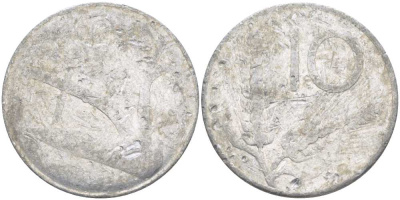 ИТАЛИЯ 10 ЛИР 19ХХ R, ПЛУГ, КОЛОСЬЯ KM 93 алюминий 175-434