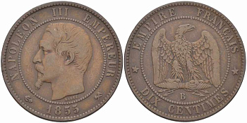 Франция 10 сантимов 1855 B, Наполеон III (1852-1870) KM 771.2, Le Franc 133.21 бронза  4680-535