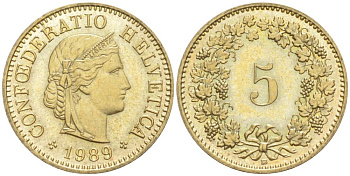 ШВЕЙЦАРИЯ 5 РАППЕНОВ 1989 В KM 26с алюминий латунь 4549-845