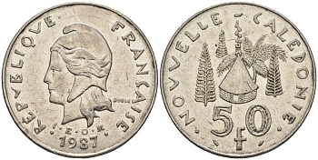 Французская Новая Каледония 50 франков 1987 хижина среди сосен и пальм, (IEOM) KM 13, Schoen 15, Lec 121 никель 4120-715