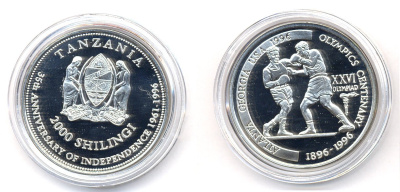 Танзания 2000 шиллингов 1996 XXVI Олимпийские игры 1996 года в Атланте, 100 лет Олимпийскому движению, боксеры, пробник, рубчатый гурт серебро PROOF 06-157-32