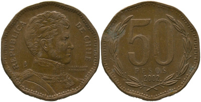 Чили 50 песо 2002 So KM 219.2, Schon 70 алюминиевая бронза 4544-411