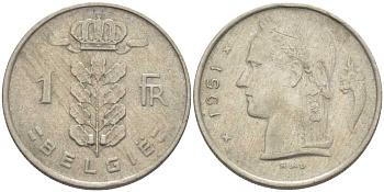 БЕЛЬГИЯ 1 ФРАНК 1951 BELGIE, БОДУЭН I (1951-1993) KM 143.1 медно-никель 119-536