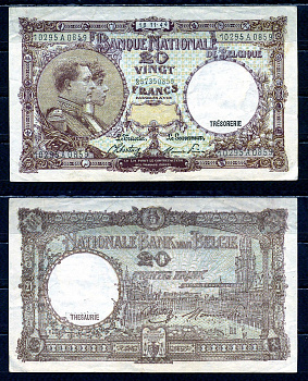 Бельгия 20 франков 1944 18.11.1944, Король Альберт I и его жена Королева Елизавета, Гран-Плас / Гроте Маркт, Брюссель Pick 111 (3) бумага 6301-8-1-2