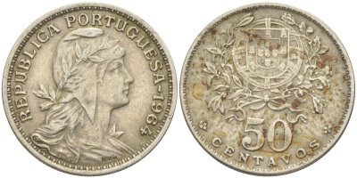 Португалия 50 сентаво 1964 голова Свободы вправо KM 577 медно-никель 219-854