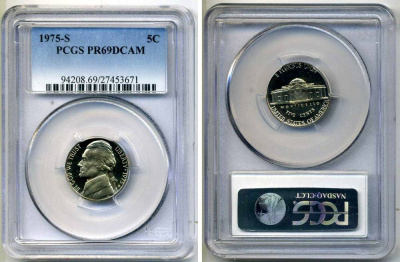 США 5 центов 1975 S, президент Джеферсон, в слабе PCGS PR69CAM KM А192 медно-никель PROOF 15-002-17