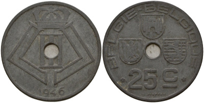 Бельгия 25 сантимов 1946 Belgie - Belgique, Леопольд III (1934-1947), германская оккупация, Вторая мировая война KM 132 цинк 4157-646