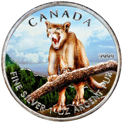 Канада 5 долларов 2012 серия Животный мир Канады, пума, в оригинальной коробке с сертификатом тираж 5000 экз., цветная эмаль серебро UNC 5-5-1-11