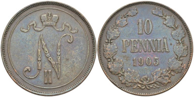 РОССИЯ ДЛЯ ФИНЛЯНДИИ 10 ПЕННИ 1905 НИКОЛАЙ II (1894-1917) KM 14, Биткин 429 медь 4545-1223