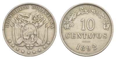 Боливия 10 сентаво 1892 KM 172 медно-никель 413-524