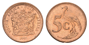 ЮАР 5 центов 1995 герб, райский журавль KM 134 сталь плакированная медью UNC 4687-167