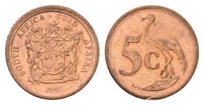 ЮАР 5 центов 1995 герб, райский журавль KM 134 сталь плакированная медью UNC 4687-167