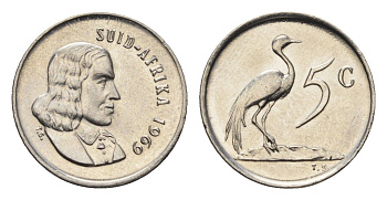 ЮАР 5 центов 1969 Ян ван Рибек (1619-1677), Suid Africa, легенда на африкаанс, райский журавль KM 67.2 медно-никель UNC 4690-939