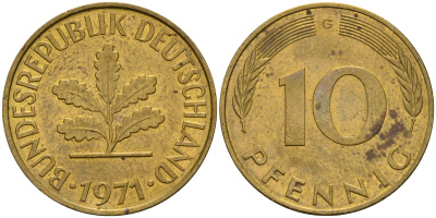 ФРГ 10 пфеннигов 1971 G KM 108, J. 383 сталь плакированная латунью    4601-1224