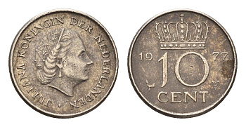 Нидерланды 10 центов 1977 Юлиана (1948-1980) KM 182 никель 4685-111